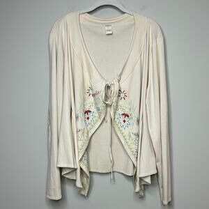Sundance 100% Cotton Tie Front Cardigan Floral Embroidery Size L Boho Peasant